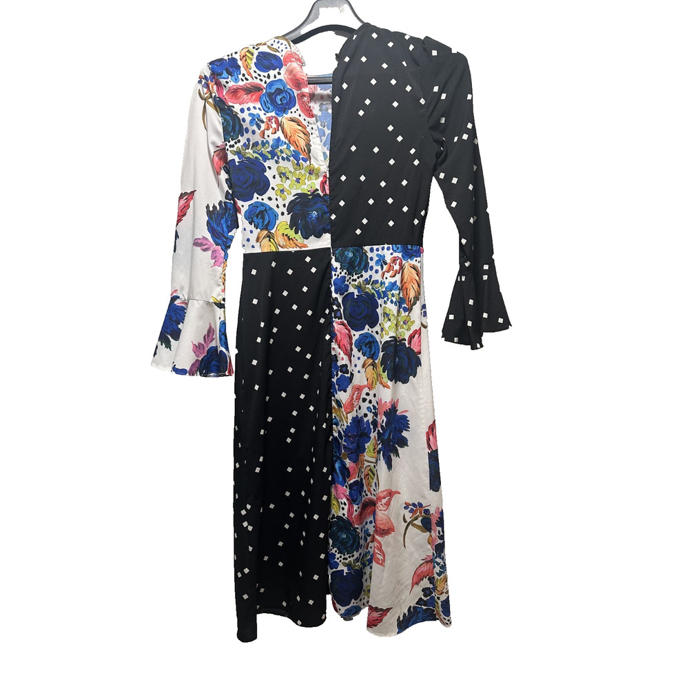 ASOS Women’s Mixed Print Midi Dress Size 6 Black White Floral Long Sleeve Boho